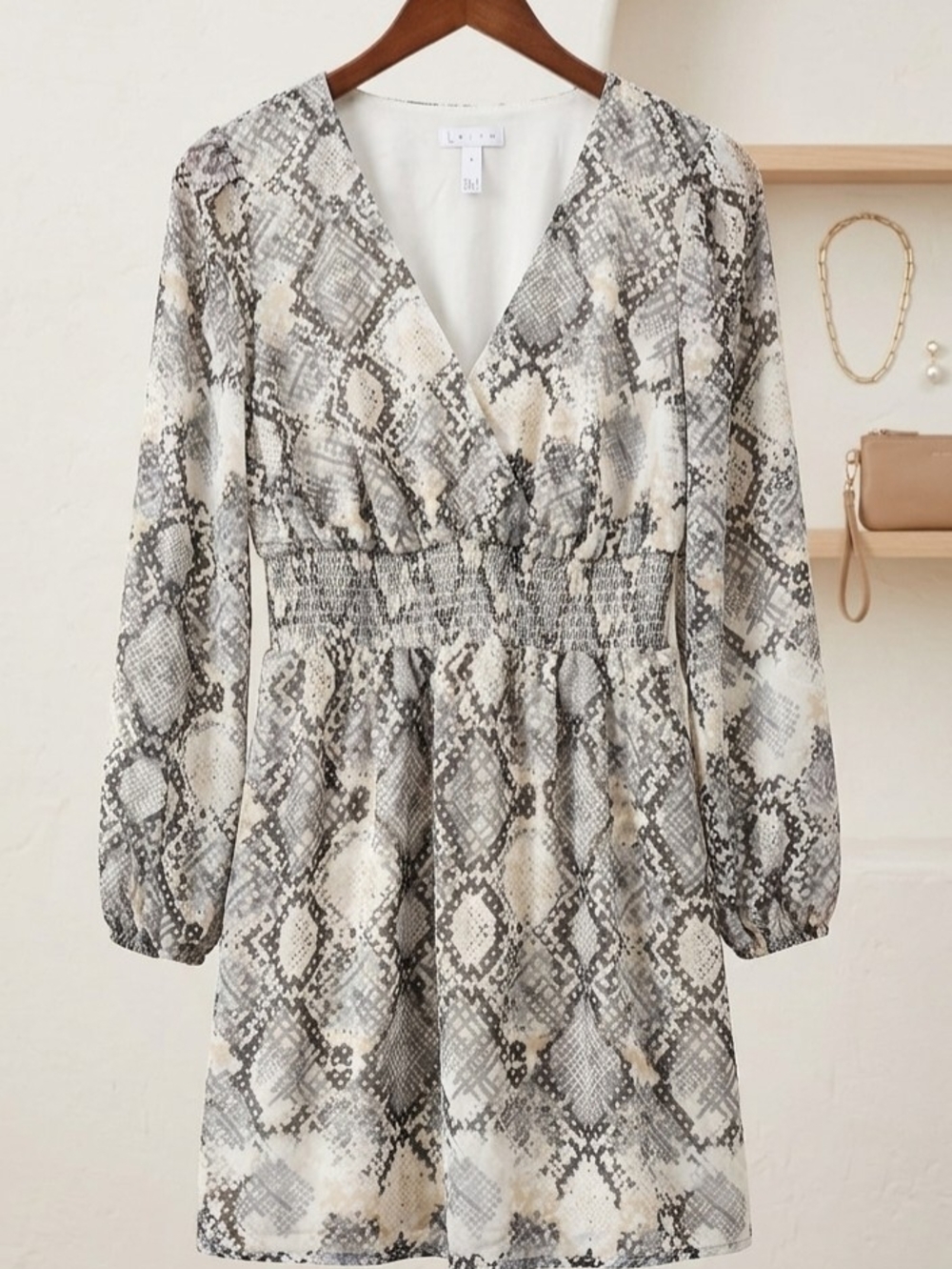 Leith Snakeskin Print Long Sleeve Mini Dress - Size Medium - Gray/Black/White